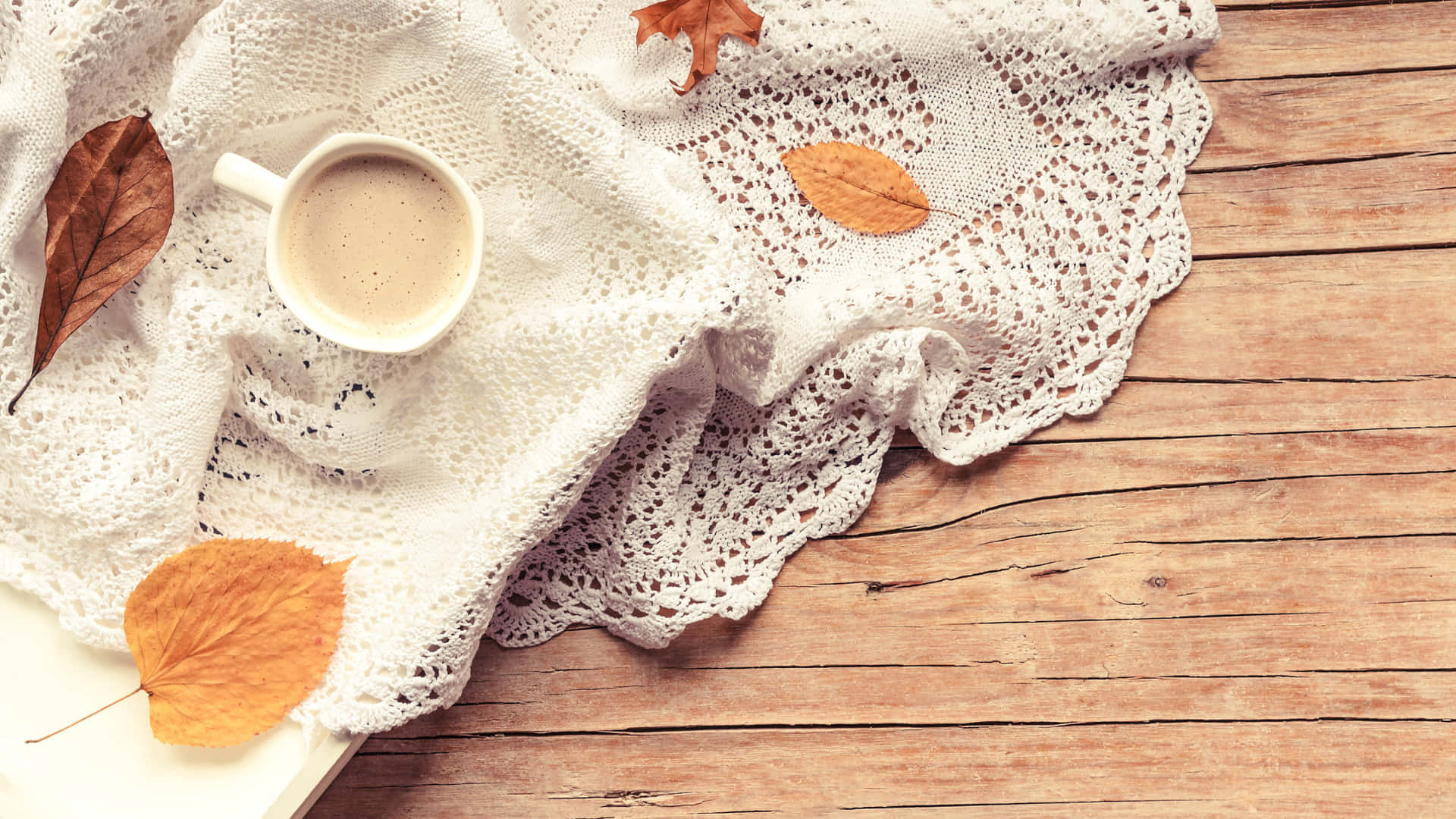 autumn leaves, rustic wooden planks, white crocheted cloth, Full HD Desktop Wallpaper