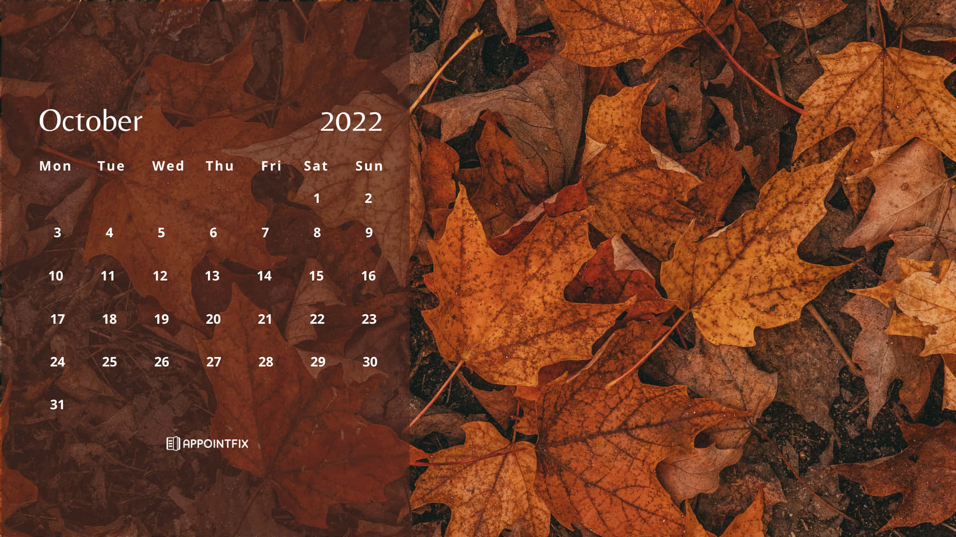 October 2022 calendar, autumn maple leaves, warm orange and brown tones, Full HD Desktop Wallpaper