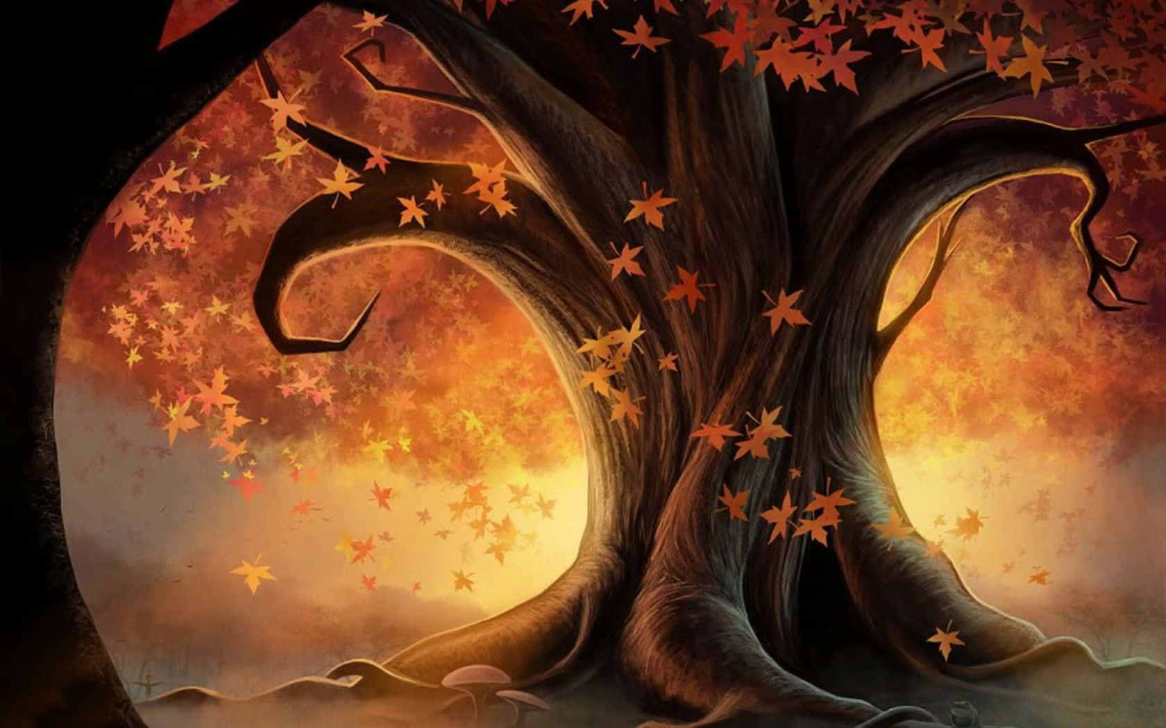 autumn tree, swirling branches, glowing sunset sky, HD Desktop Wallpaper