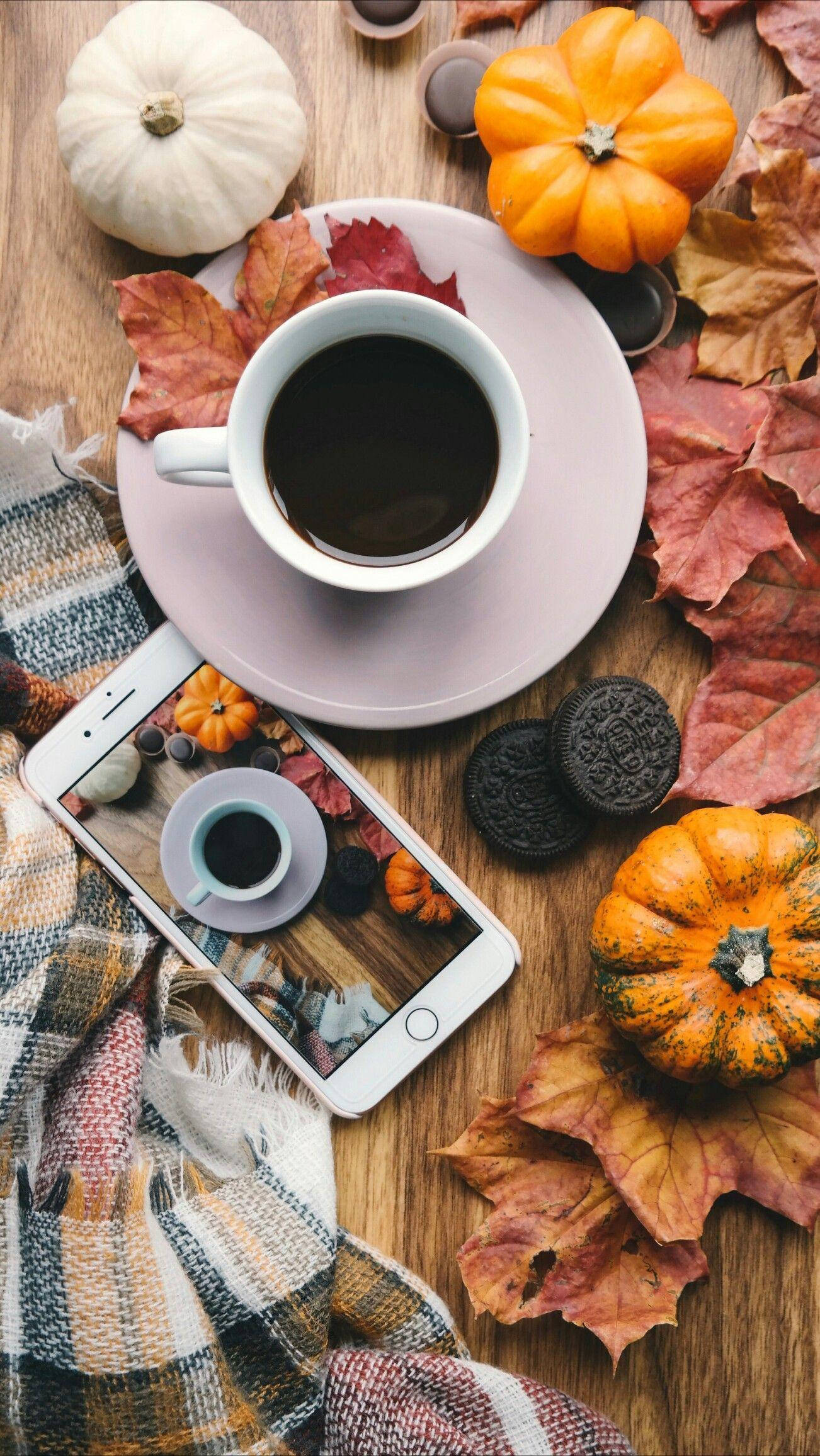 Fall Aesthetic iPhone, coffee pumpkin cookies, wooden table, Full HD Phone Wallpaper