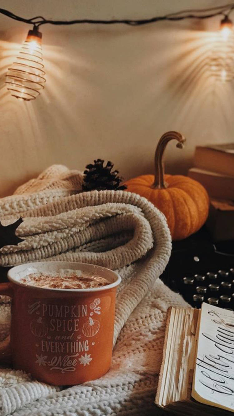 pumpkin spice mug, knit blanket, small pumpkin, HD Phone Wallpaper