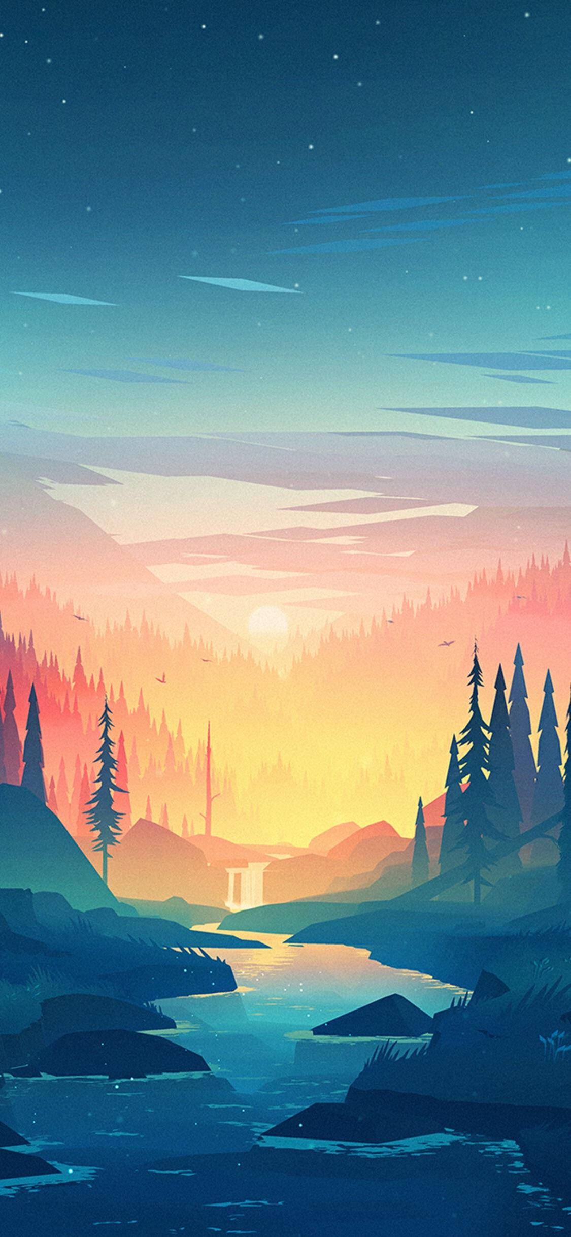 iPhone X, twilight valley, glowing sun, Full HD Phone Wallpaper