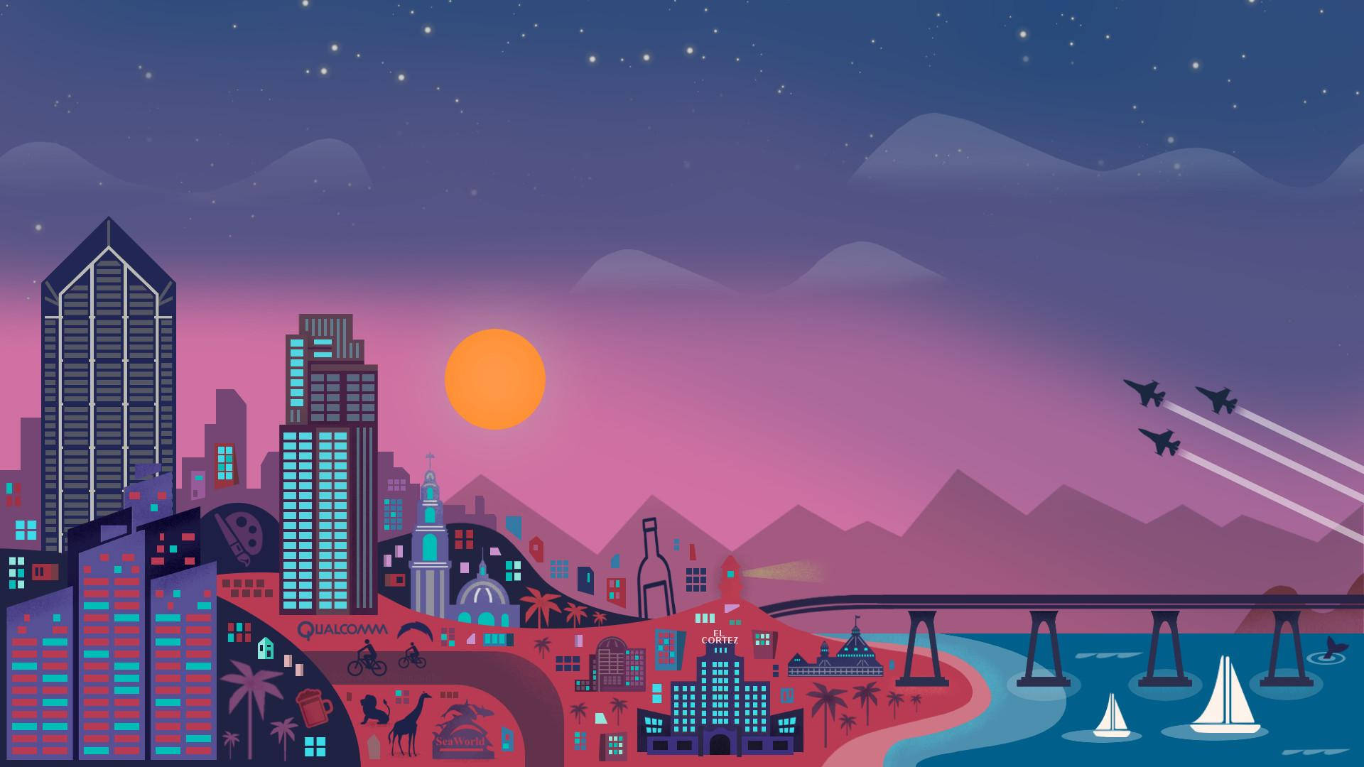Aesthetic MacBook, cityscape, twilight, Full HD Desktop Wallpaper