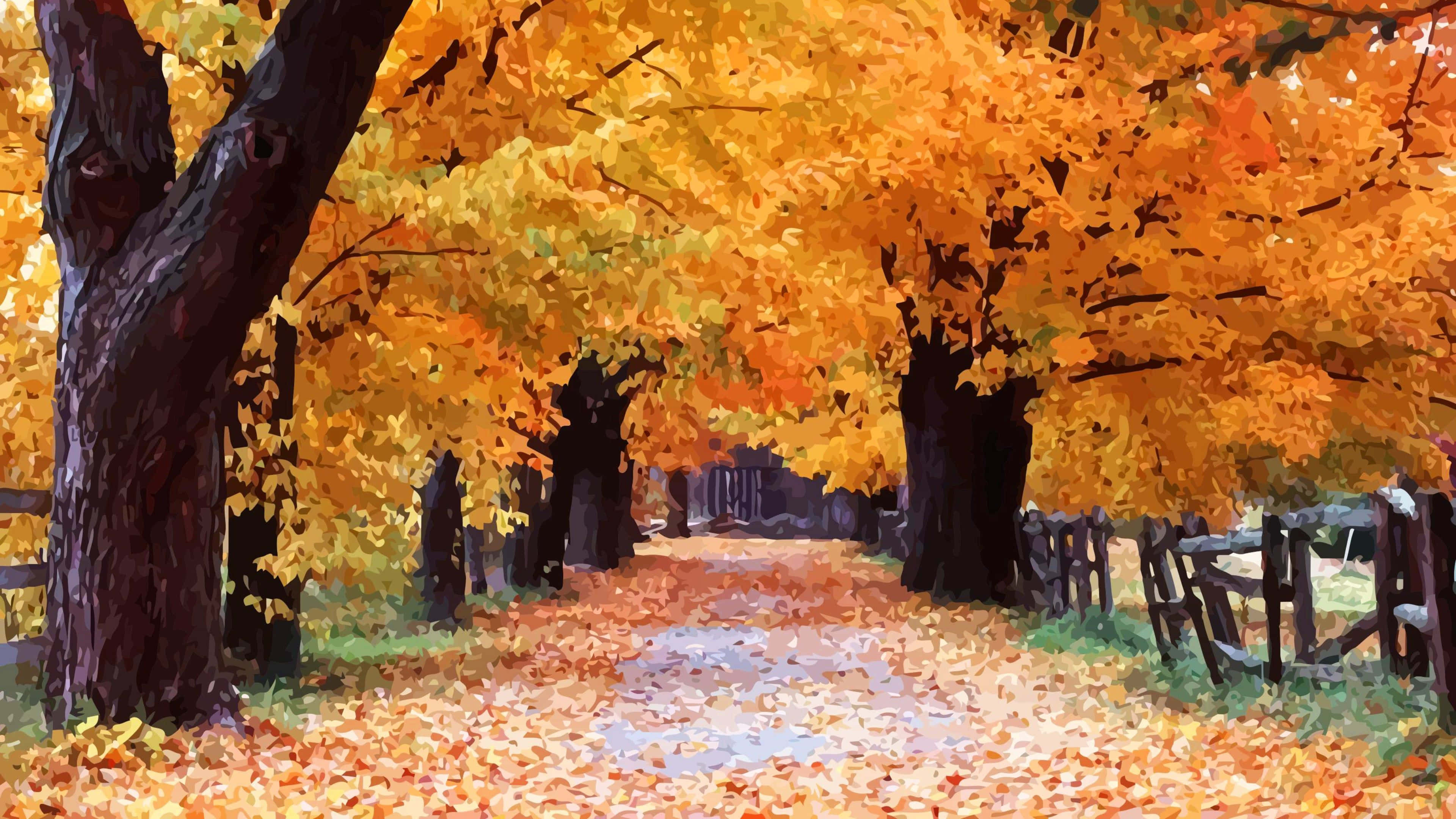 Fall Scenes, autumn path, golden trees, 4K Desktop Wallpaper