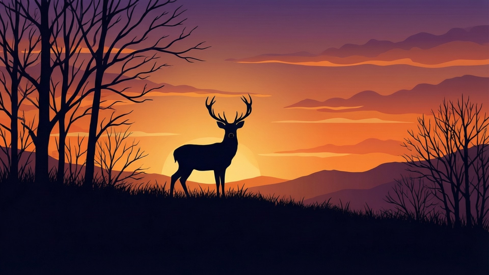 deer silhouette, sunset, hill, Full HD Desktop Wallpaper