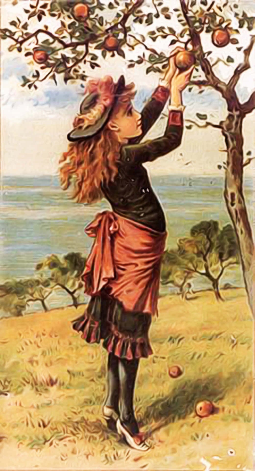 apple orchard, coastal landscape, young girl in a bonnet, Full HD Phone Wallpaper