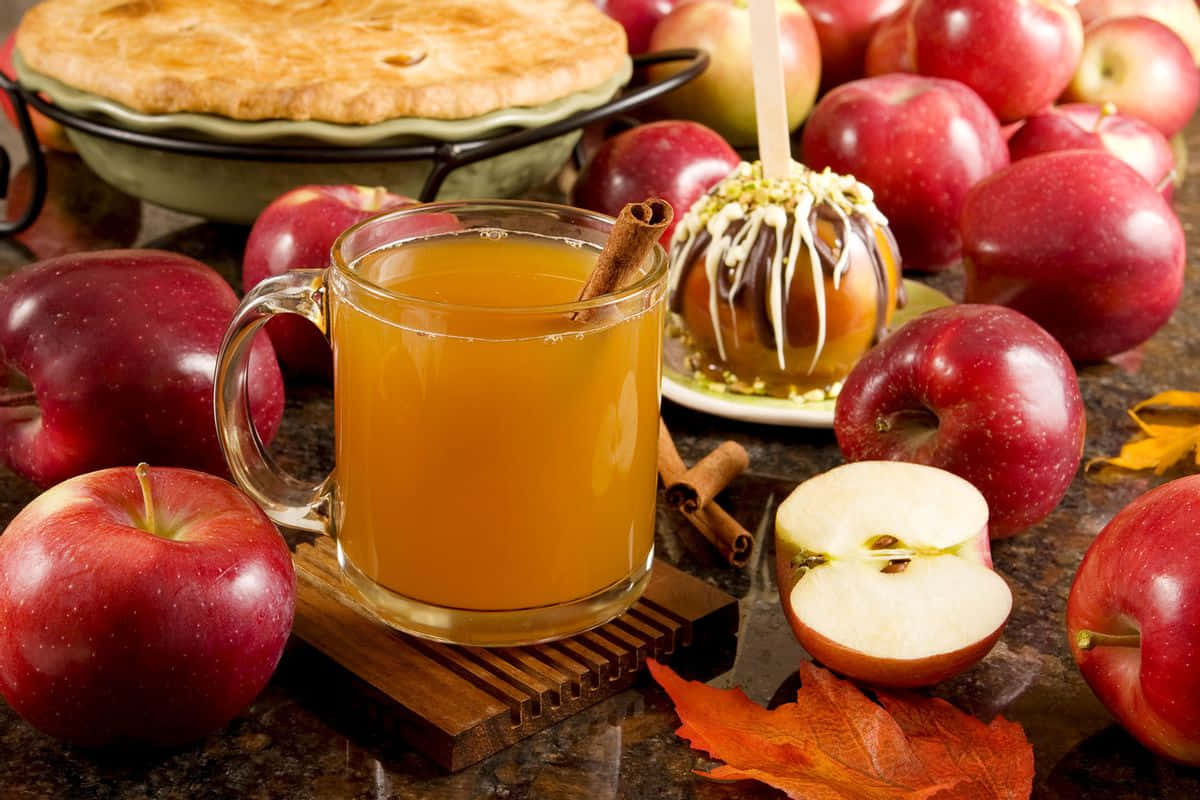 Fall Apples, rustic wooden table, mug of cider, SD Desktop Wallpaper