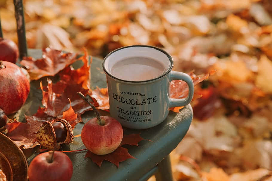 Fall Apples, rustic wooden table, autumn leaves, SD Desktop Wallpaper