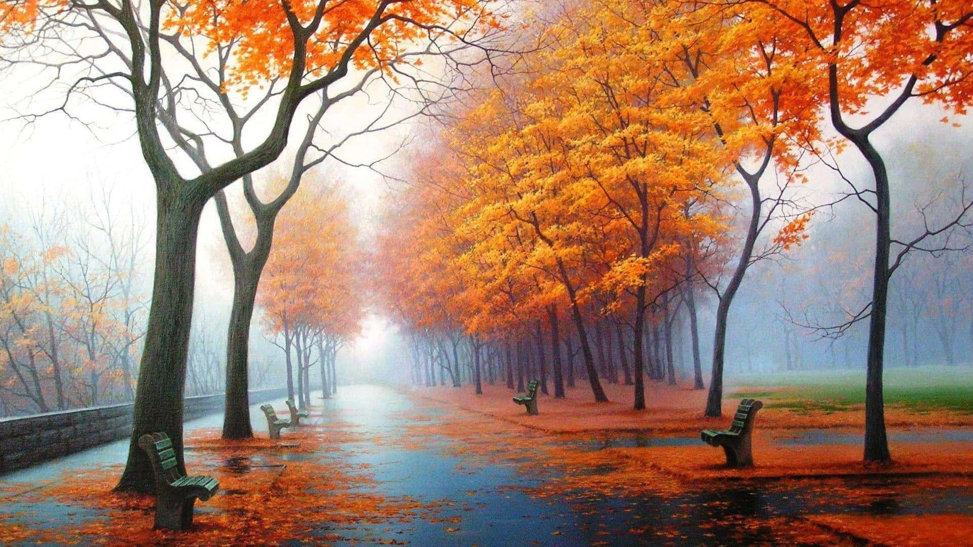 autumn park path, vibrant orange trees, scattered benches, Full HD Desktop Wallpaper