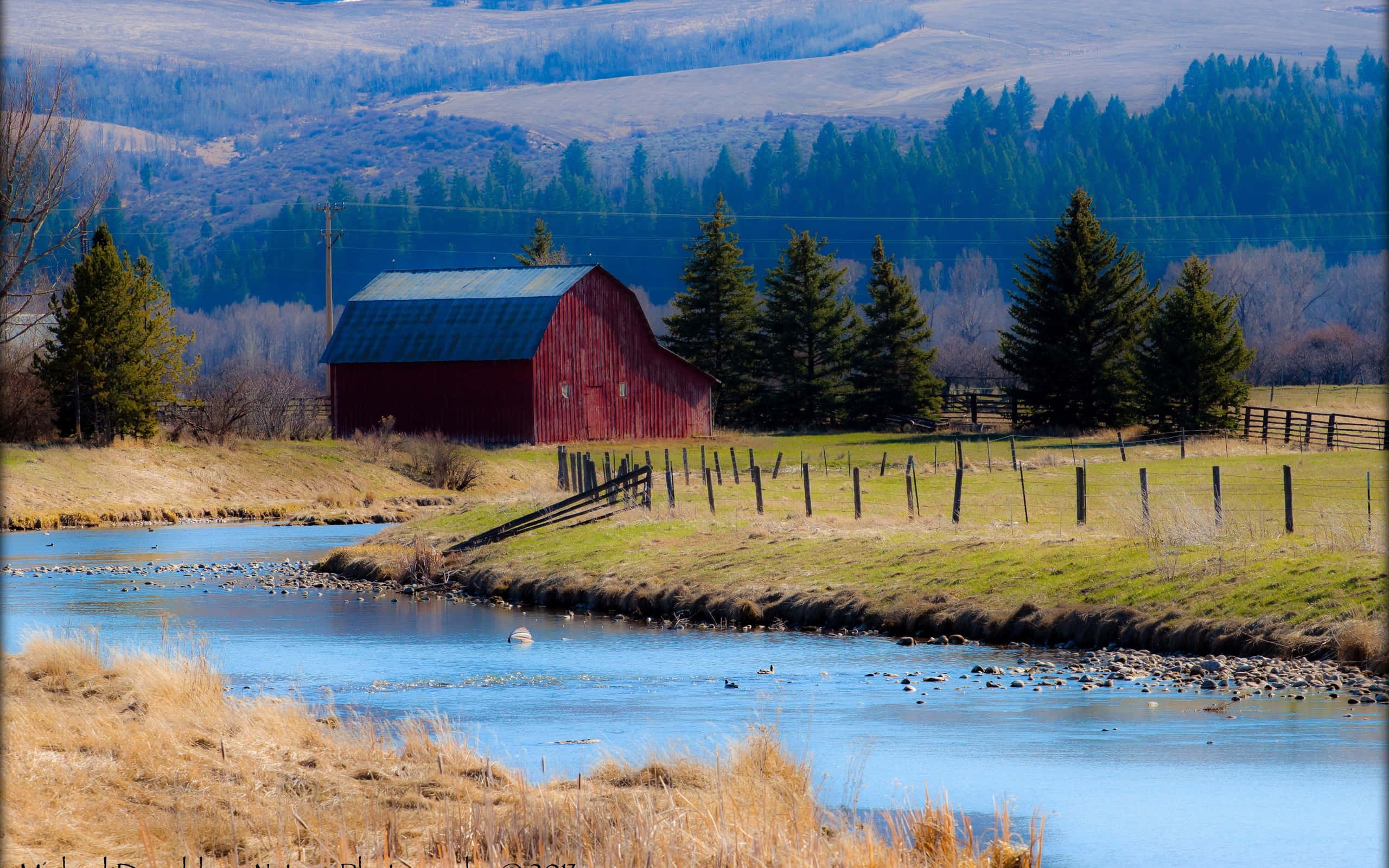 Fall Barn, red barn, calm river, 2K Desktop Wallpaper