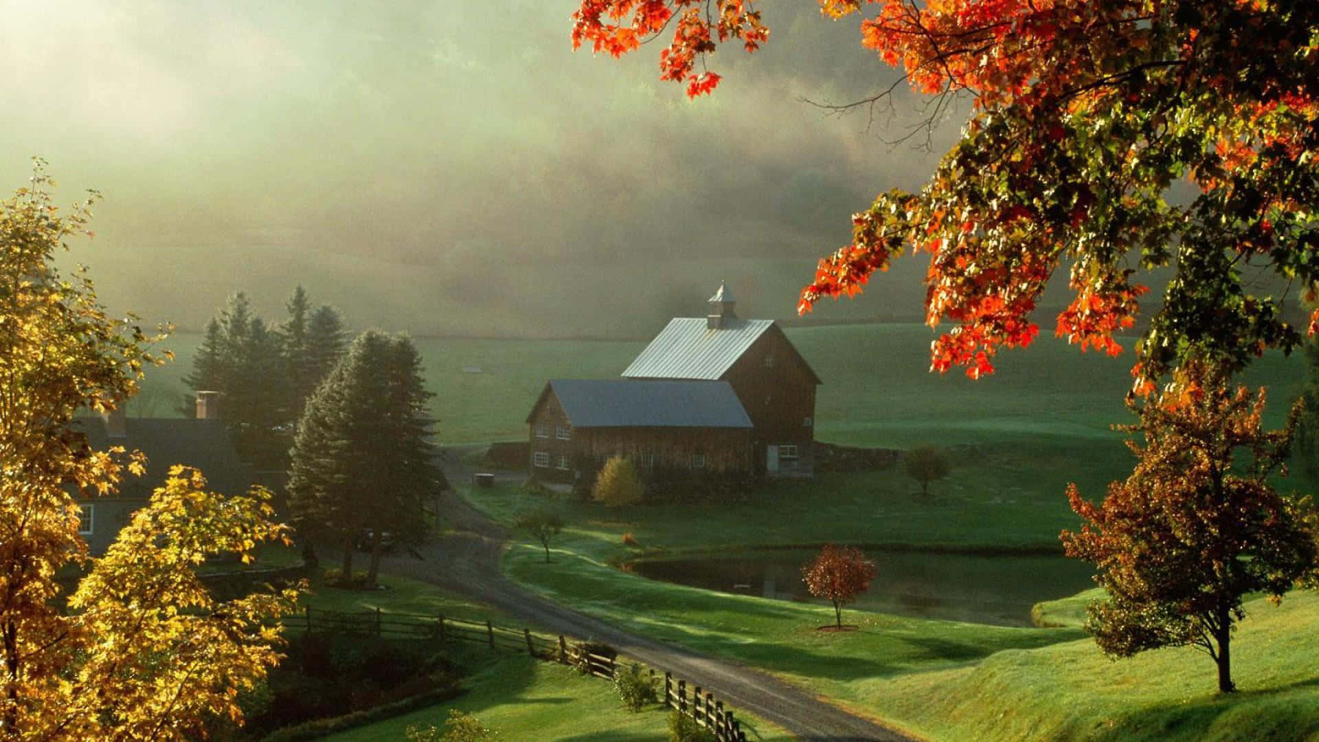 Fall Barn, rustic red barn, misty autumn field, Full HD Desktop Wallpaper