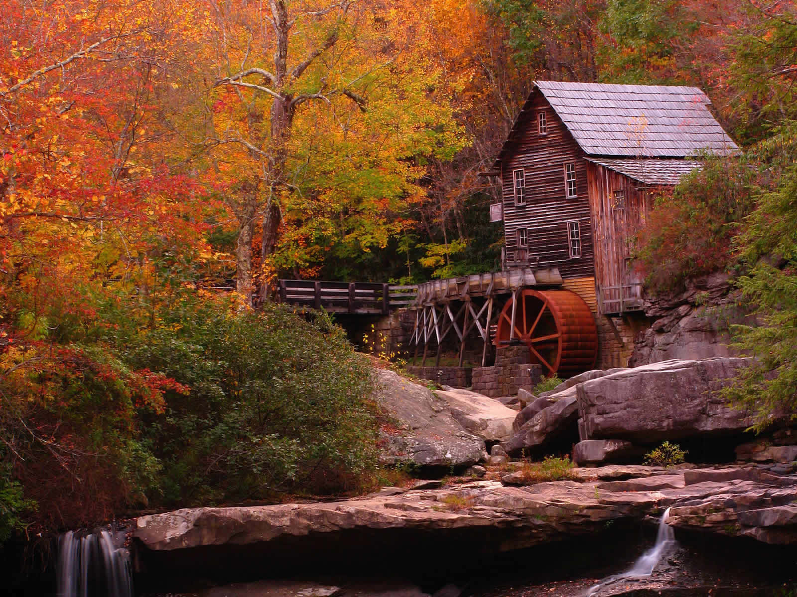 Fall Barn, rustic wooden water mill, large red wheel, HD Desktop Wallpaper