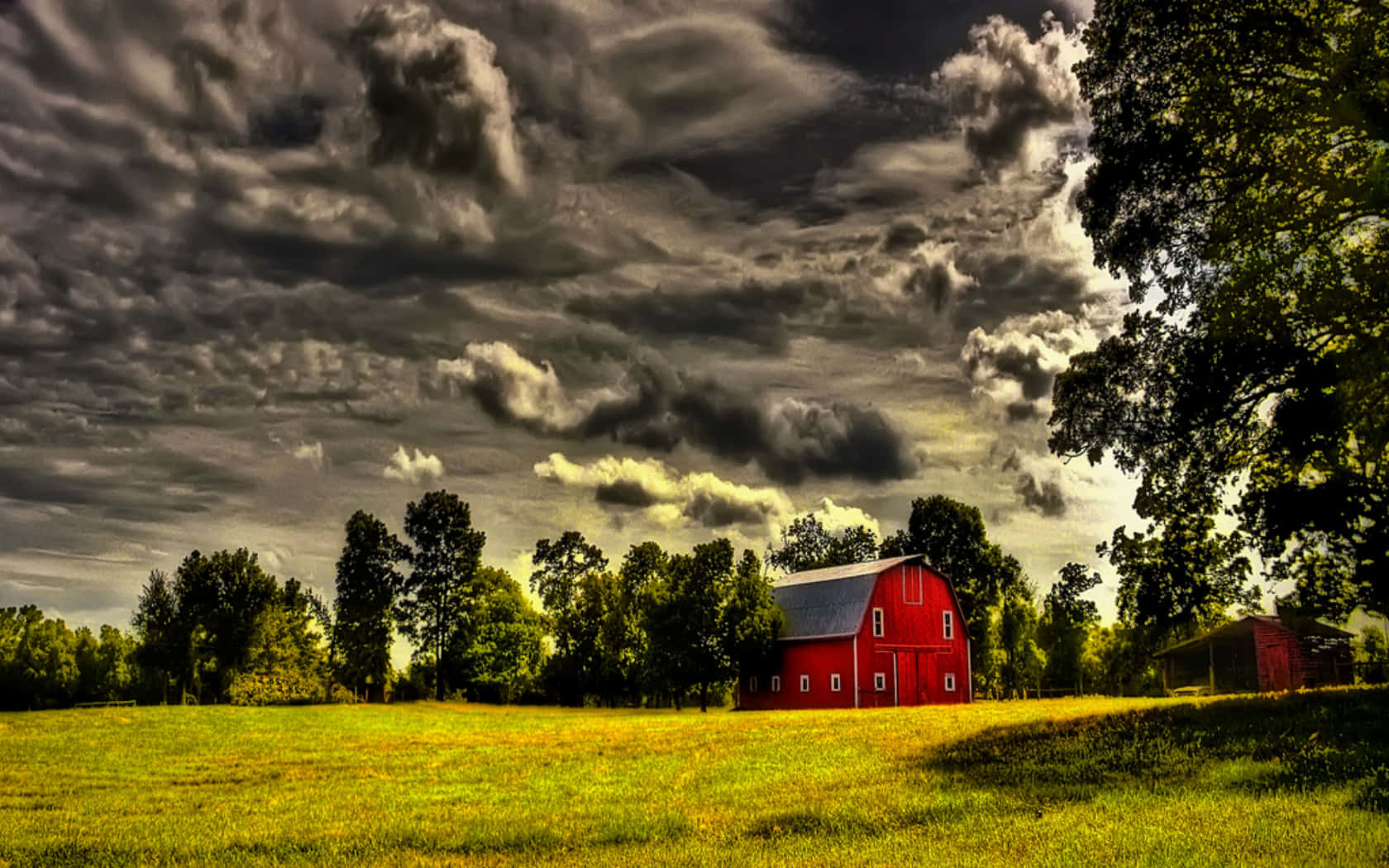 Fall Barn, vibrant red barn, sunlit field, HD Desktop Wallpaper
