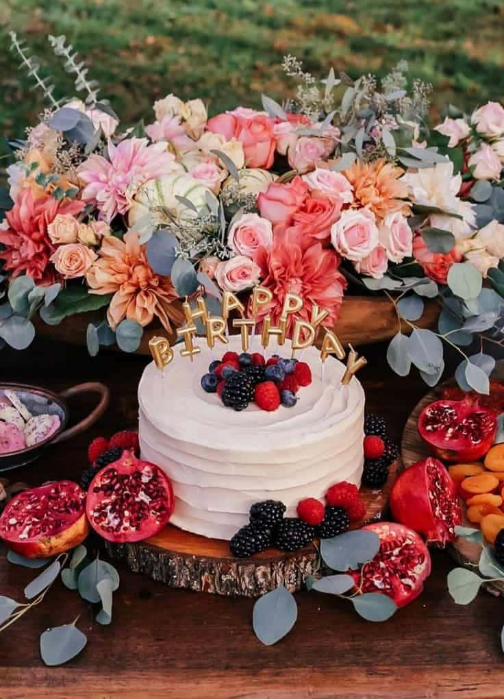 white frosted birthday cake, berries, gold topper, SD Phone Wallpaper