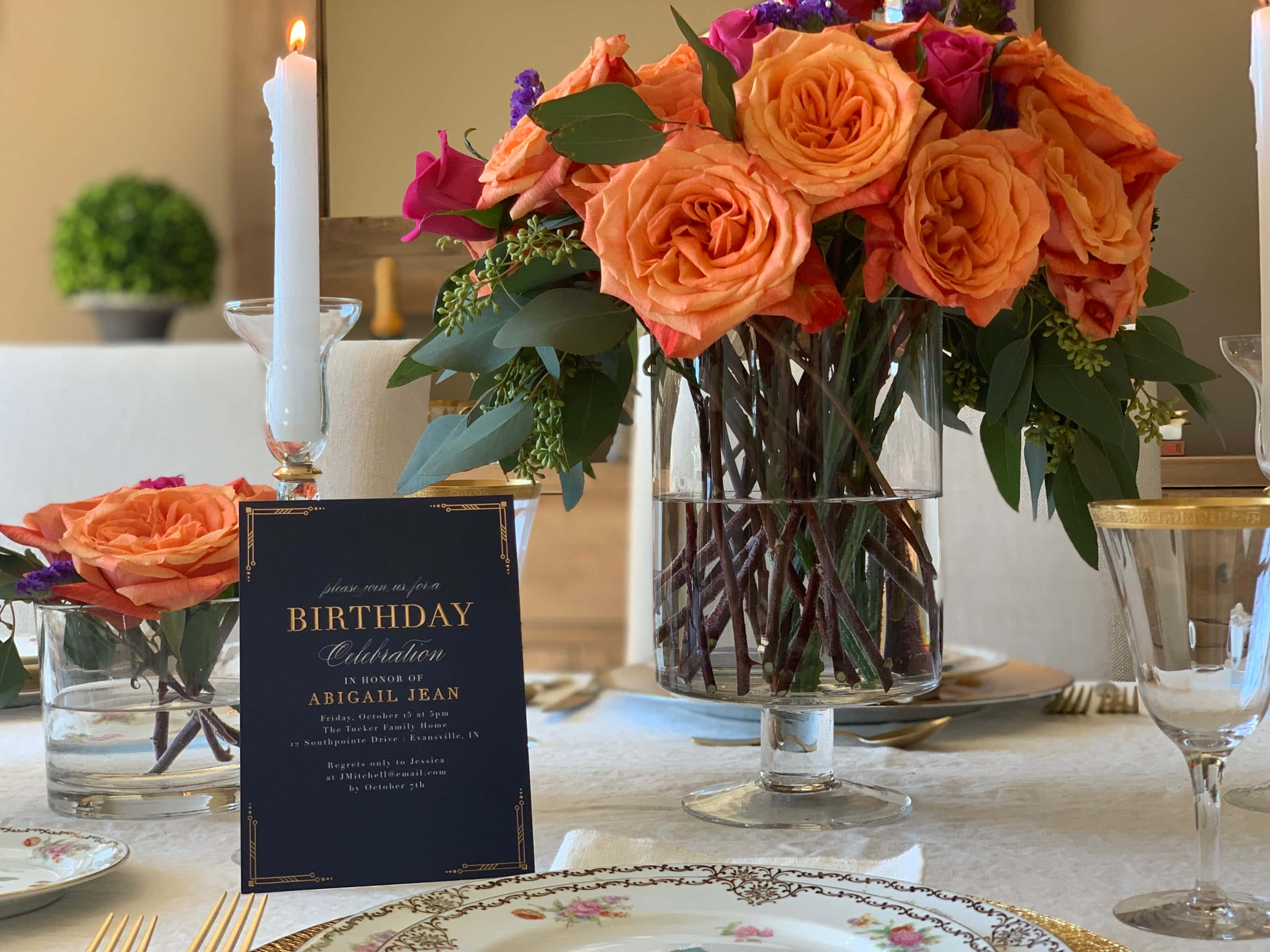 Fall Birthday, orange roses, glass vases, 2K Desktop Wallpaper