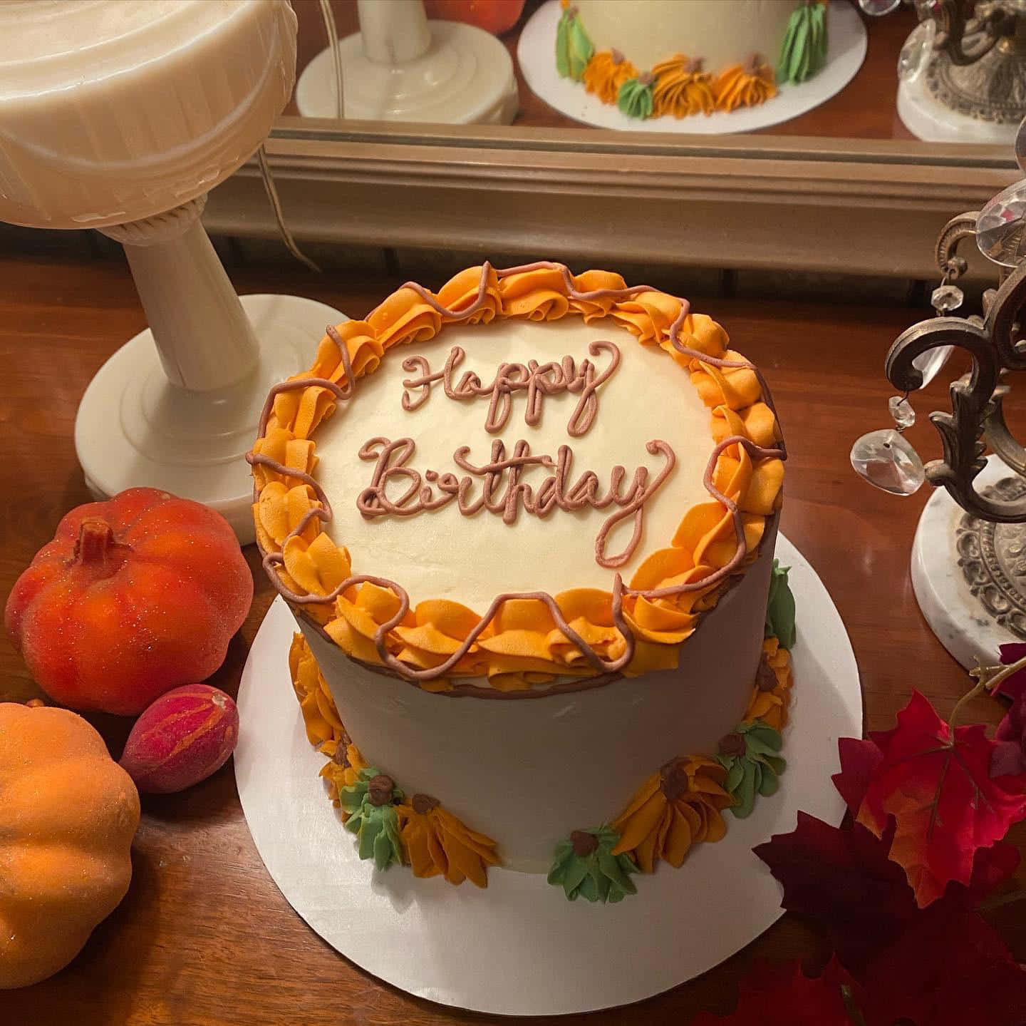 birthday cake, orange and brown piped frosting, autumn leaves, HD Desktop Wallpaper