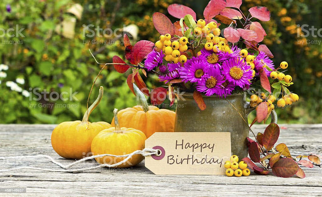 rustic autumn birthday arrangement, purple flowers, yellow berries, SD Desktop Wallpaper