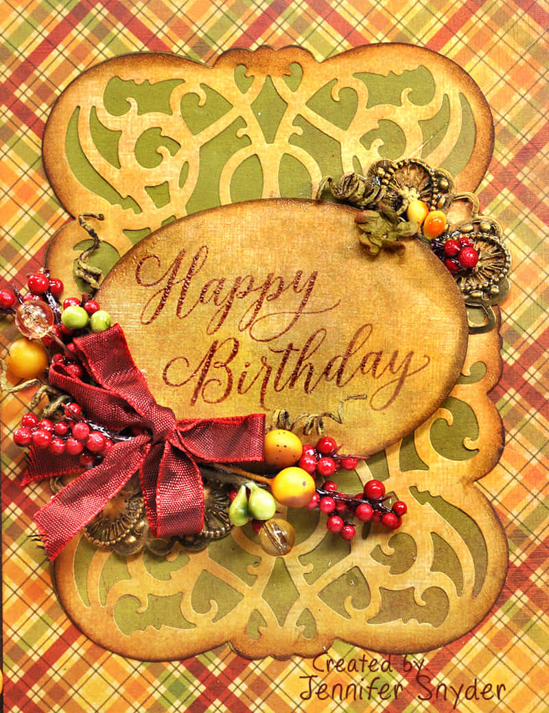 vintage-style birthday card, ornate cutout frame, red bow, SD Phone Wallpaper