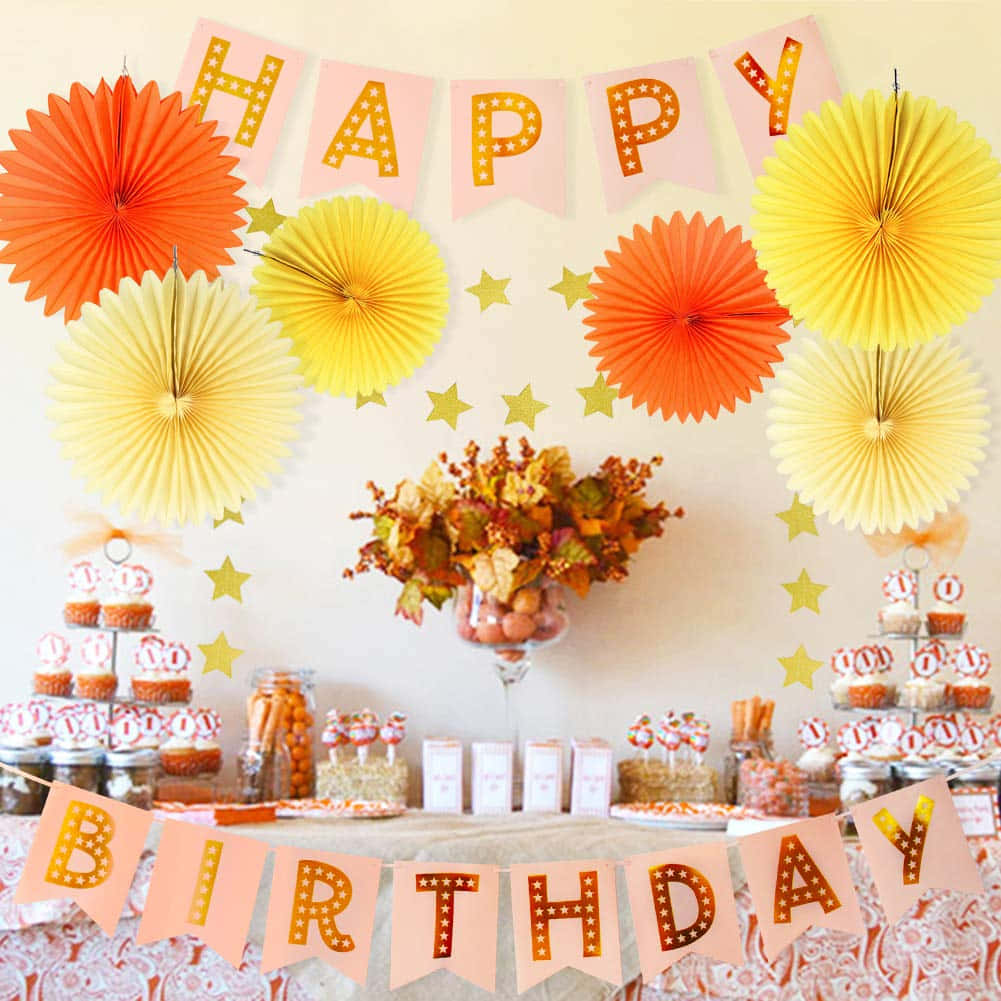 orange yellow, HAPPY BIRTHDAY banner, cupcakes, SD Desktop Wallpaper