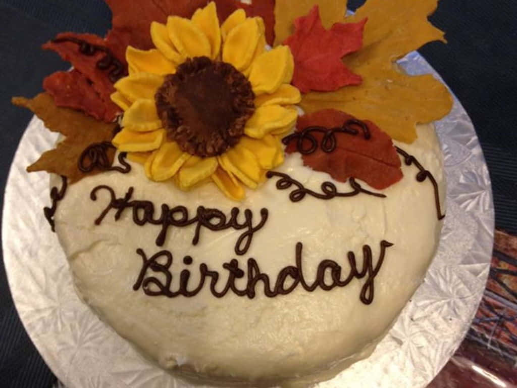 fall birthday, white frosted birthday cake, yellow sunflower, SD Desktop Wallpaper