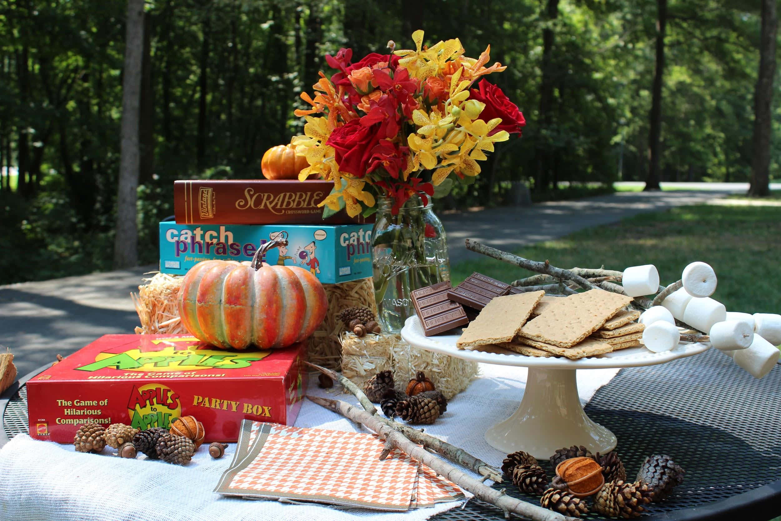 Fall Birthday, s'mores ingredients, games, Full HD Desktop Wallpaper