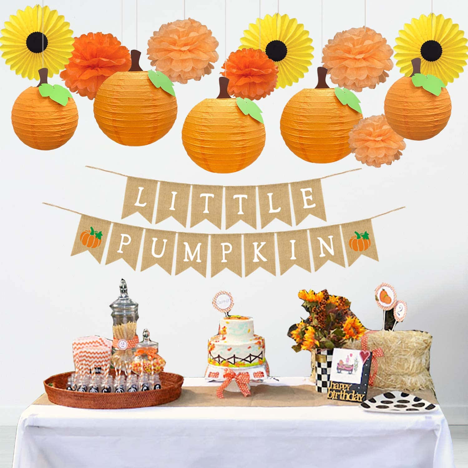 Fall Birthday, orange pumpkin lanterns, sunflowers, HD Desktop Wallpaper