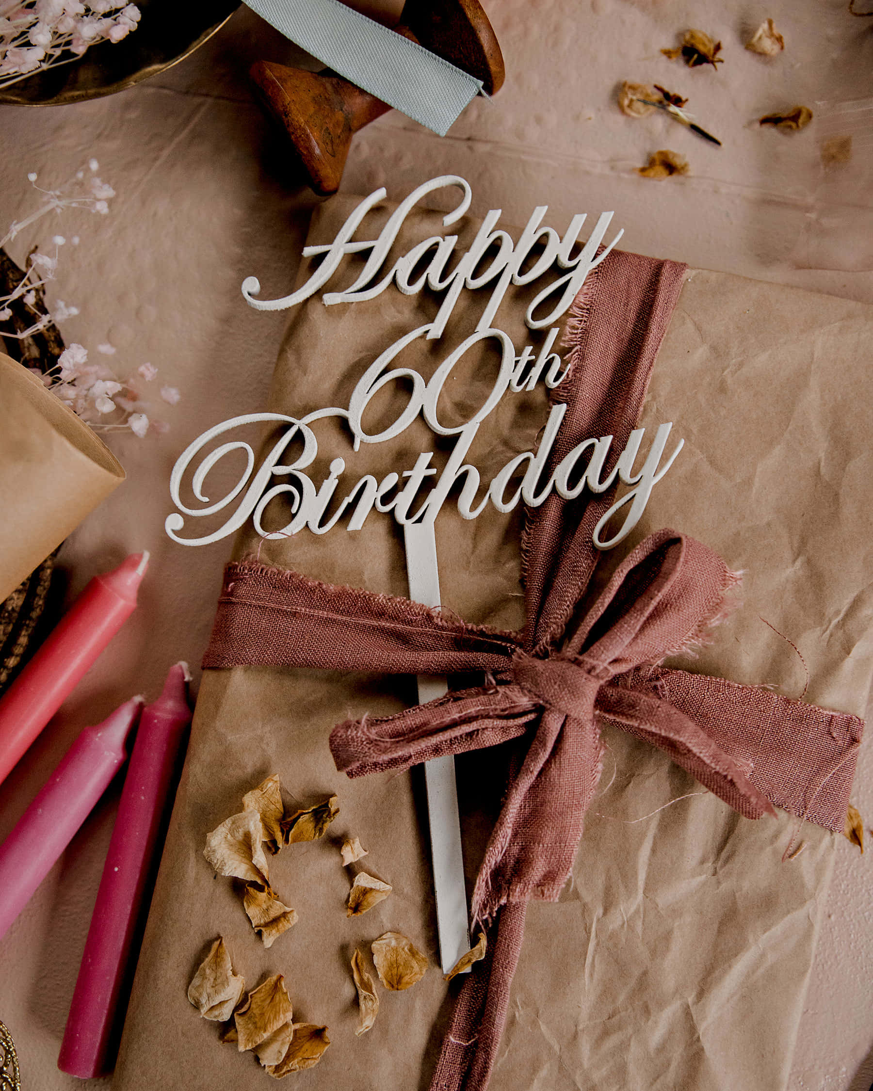 Happy 60th Birthday, mauve ribbon, rustic brown gift, Full HD Phone Wallpaper