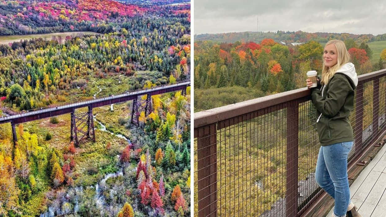 Fall Bridge, wooden trestle bridge, autumn forest, SD Desktop Wallpaper