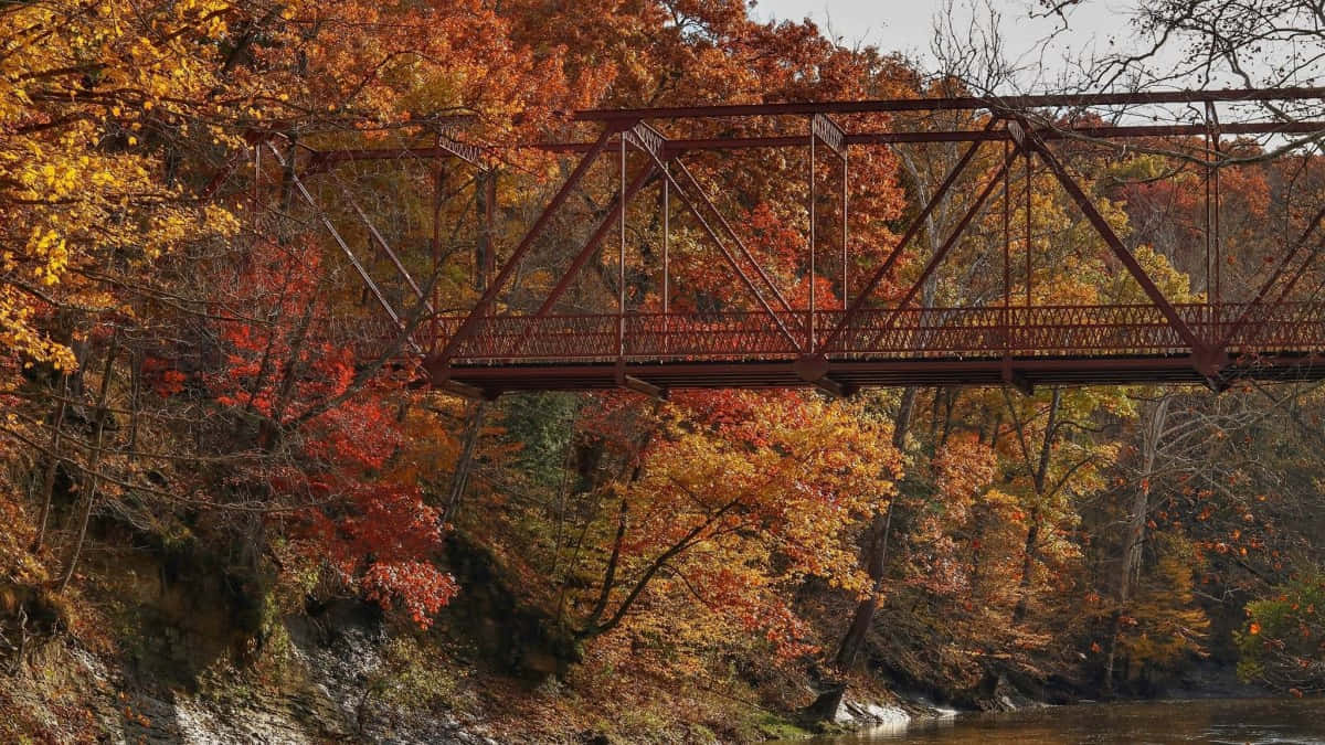 Fall Bridge, rusty metal truss bridge, river, SD Desktop Wallpaper