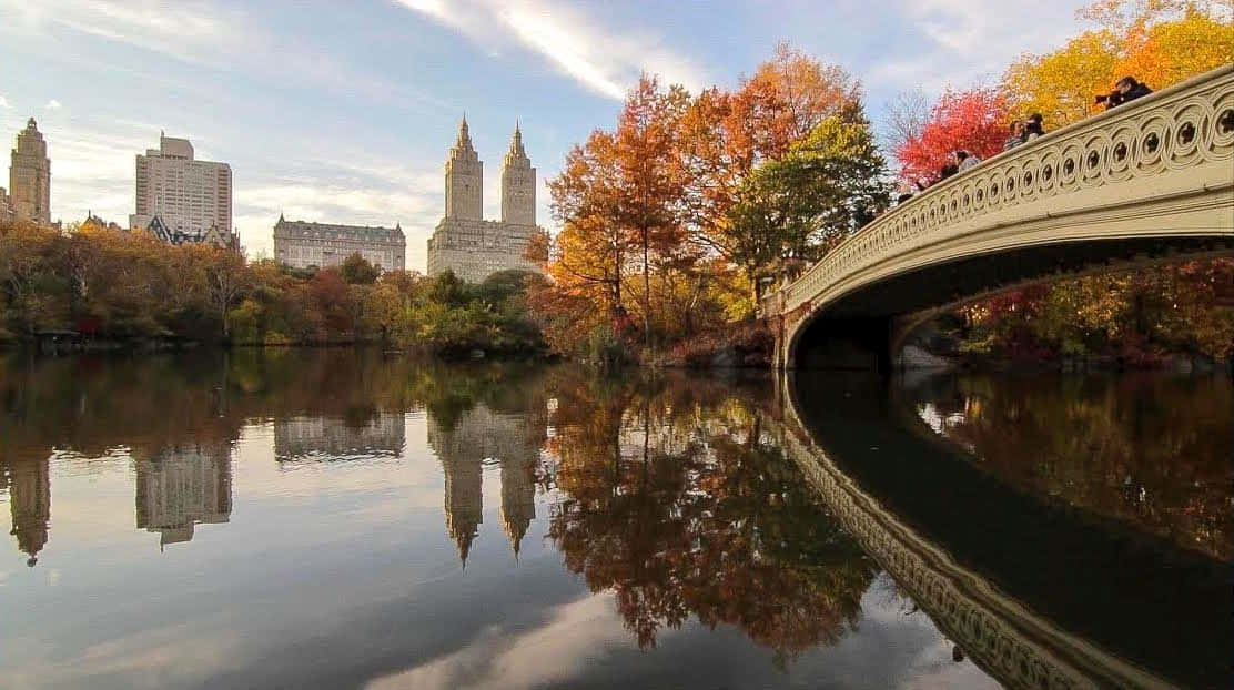 Fall Bridge, stone bridge, calm lake, SD Desktop Wallpaper