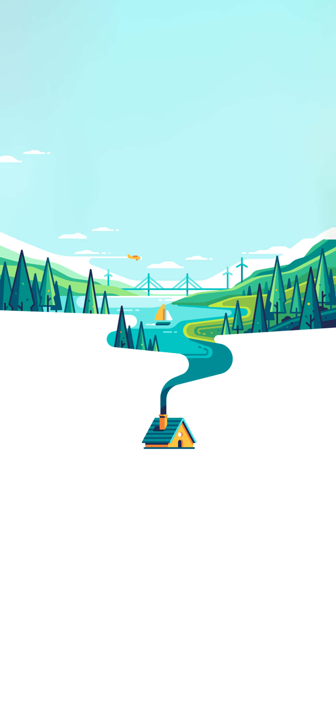 yellow cabin, country scene, winding river path, Full HD Phone Wallpaper