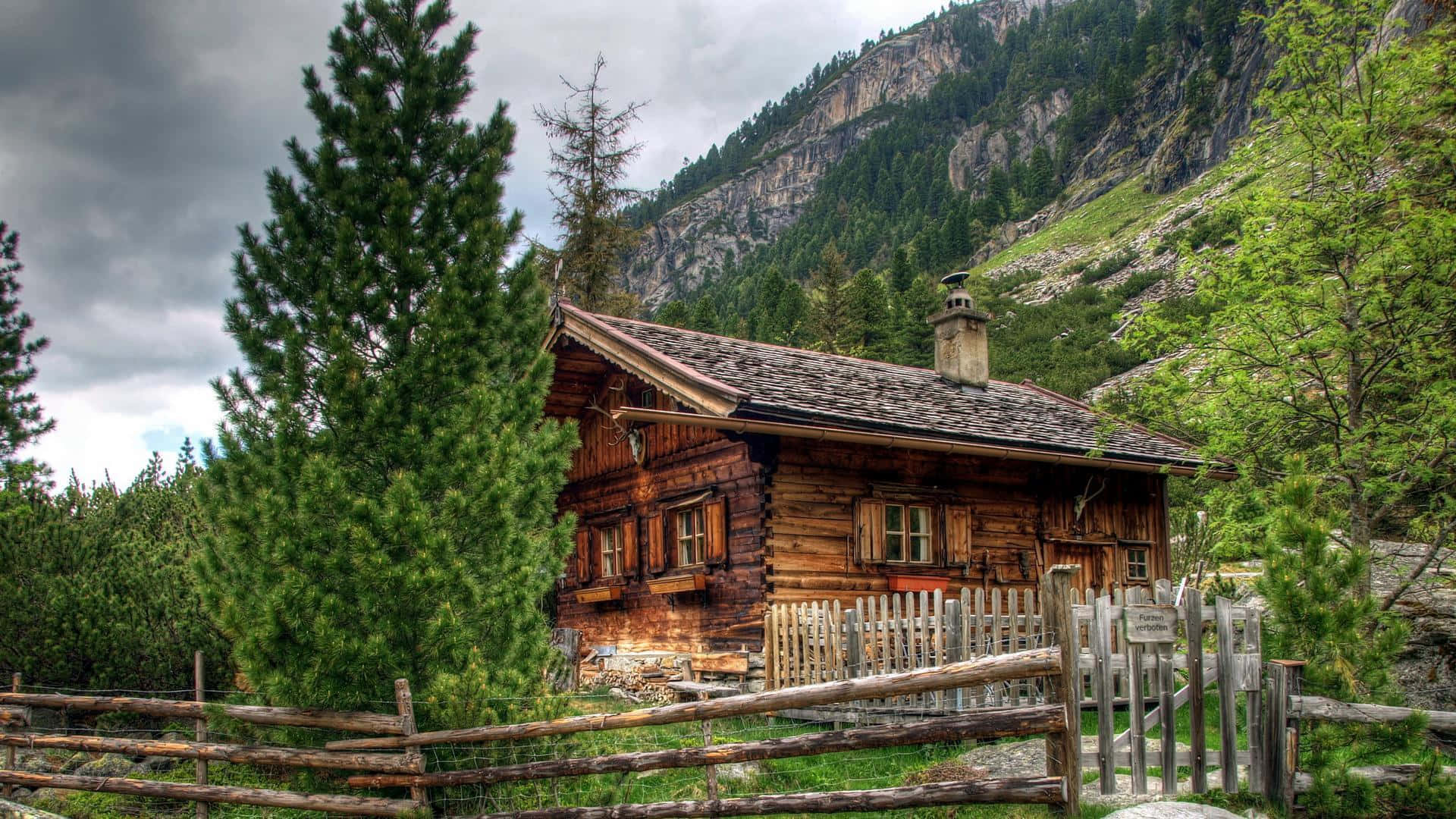 mountain log cabin, stone chimney, tall pine trees, Full HD Desktop Wallpaper