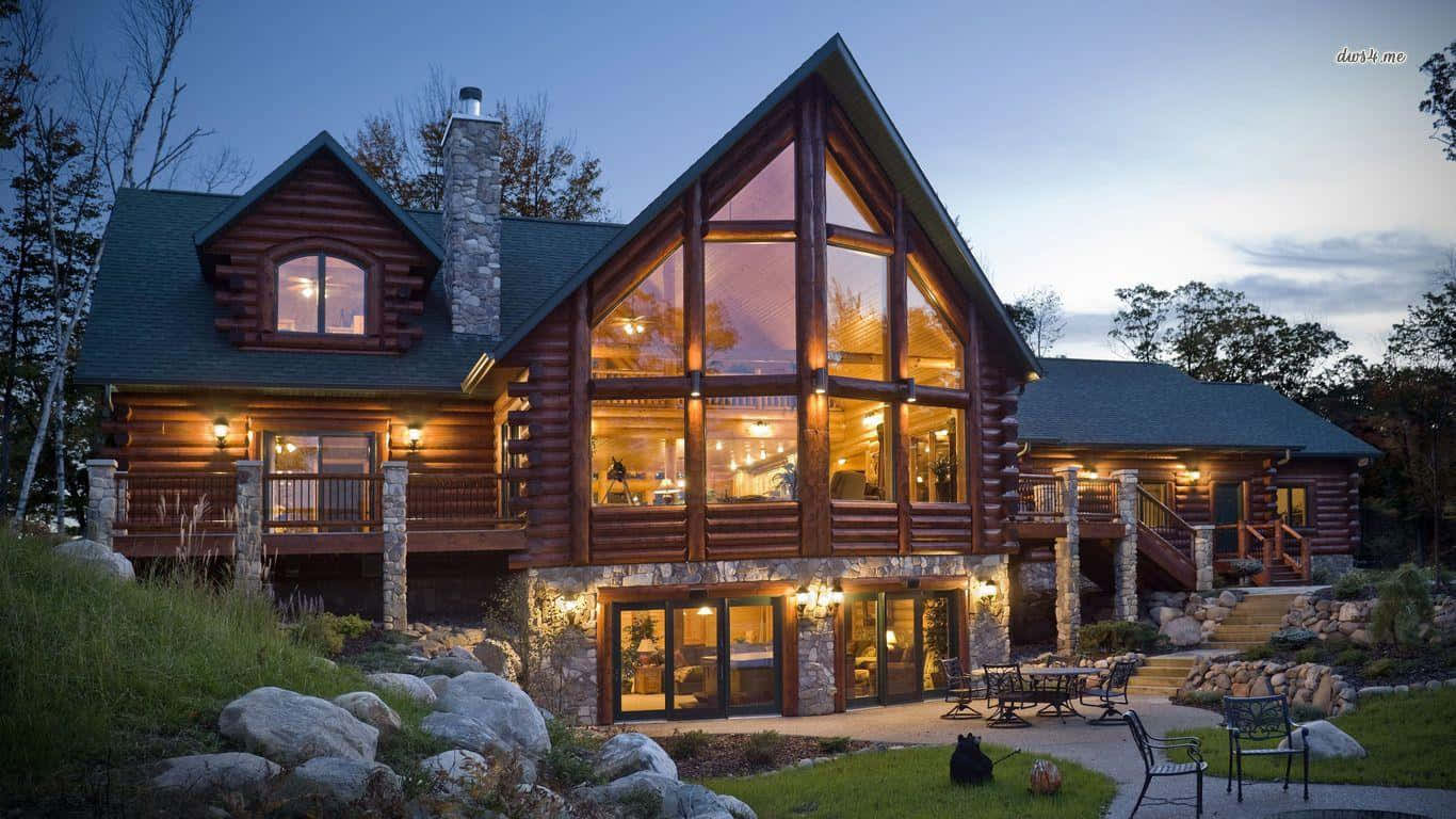 luxurious log cabin, twilight, warm glowing windows, HD Desktop Wallpaper