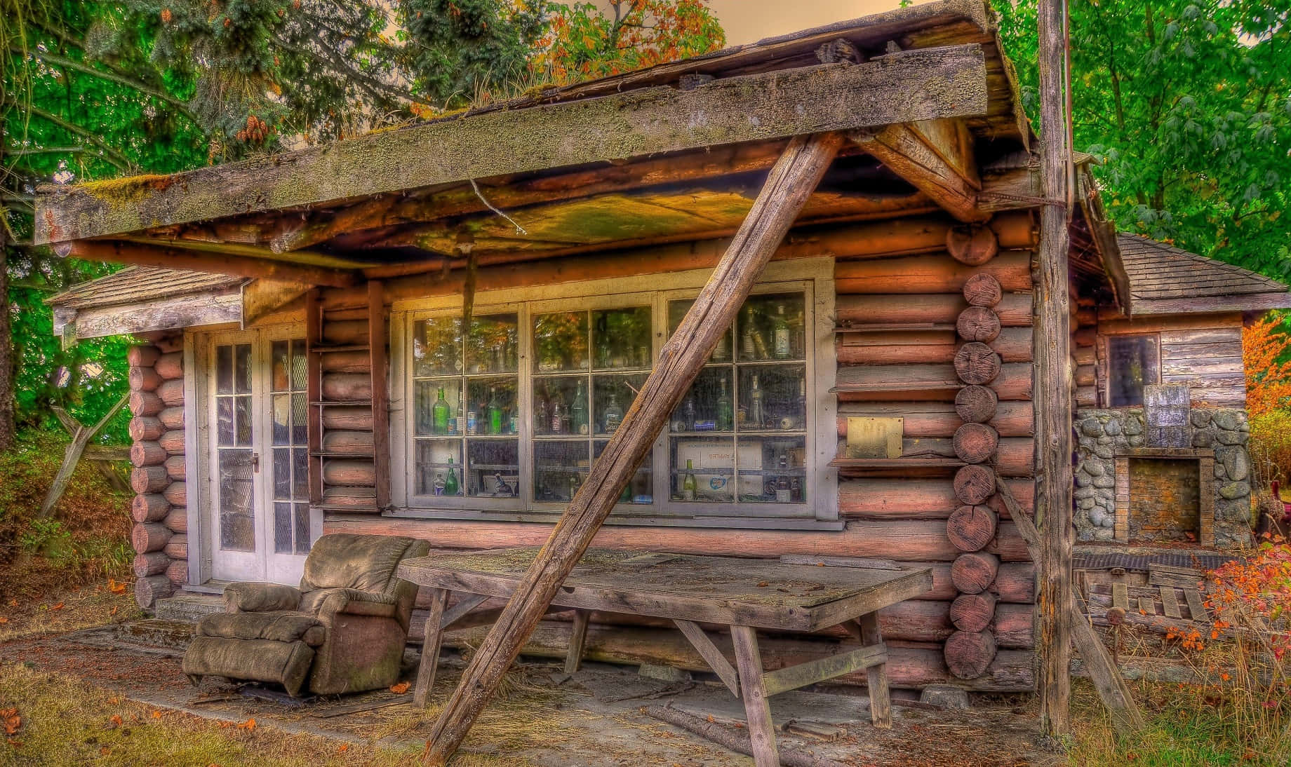 rustic log cabin, fireplace, autumn trees, HD Desktop Wallpaper