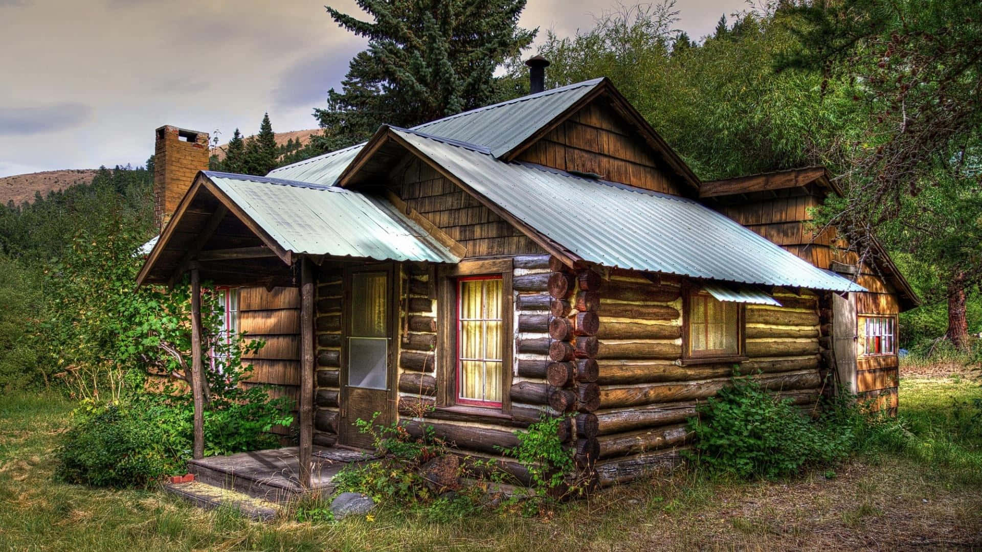 rustic log cabin, corrugated metal roof, forested hillside, Full HD Desktop Wallpaper