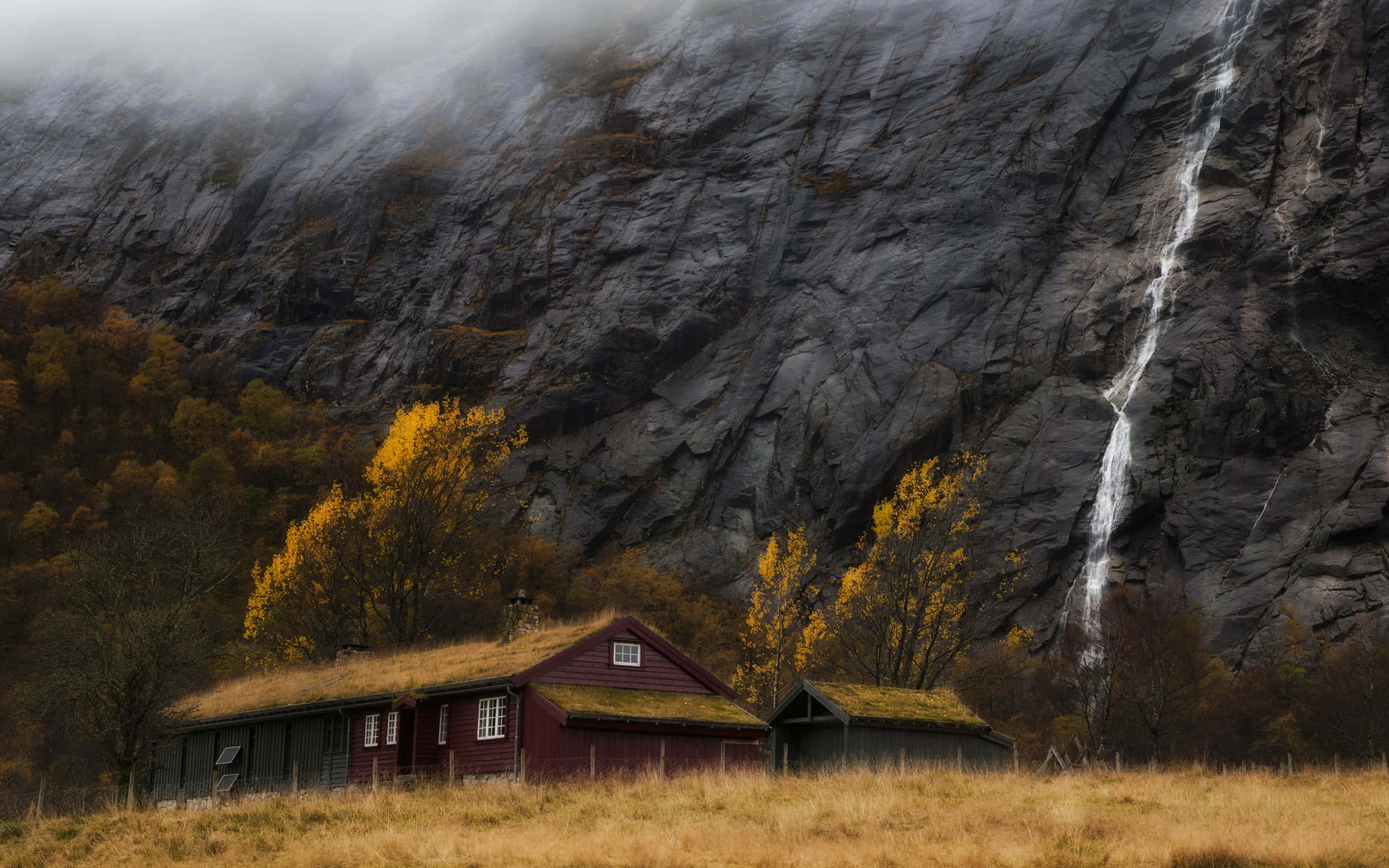 autumn waterfall, Norwegian cabin, red wooden cabin, 2K Desktop Wallpaper
