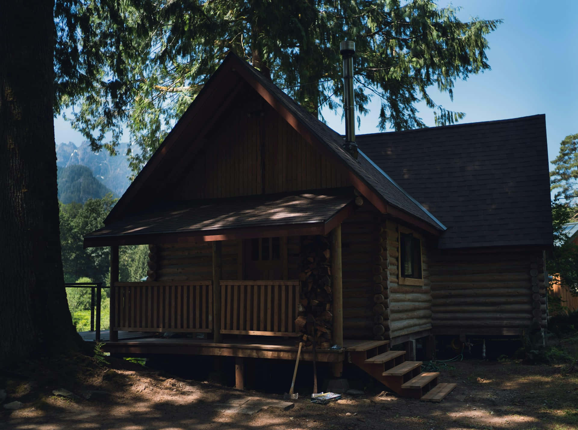 rustic log cabin, wooden porch, towering evergreens, Full HD Desktop Wallpaper