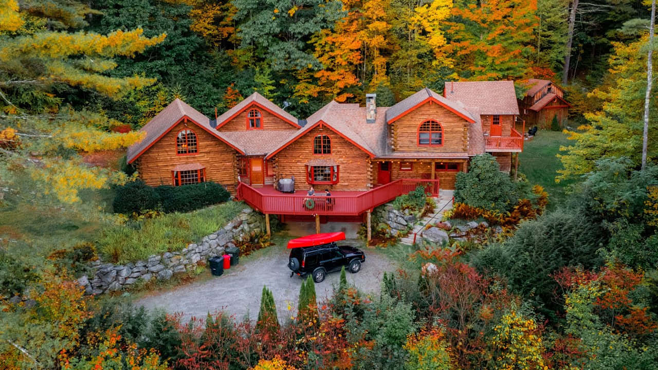 Fall Cabin, rustic wooden cabin, red trim, HD Desktop Wallpaper