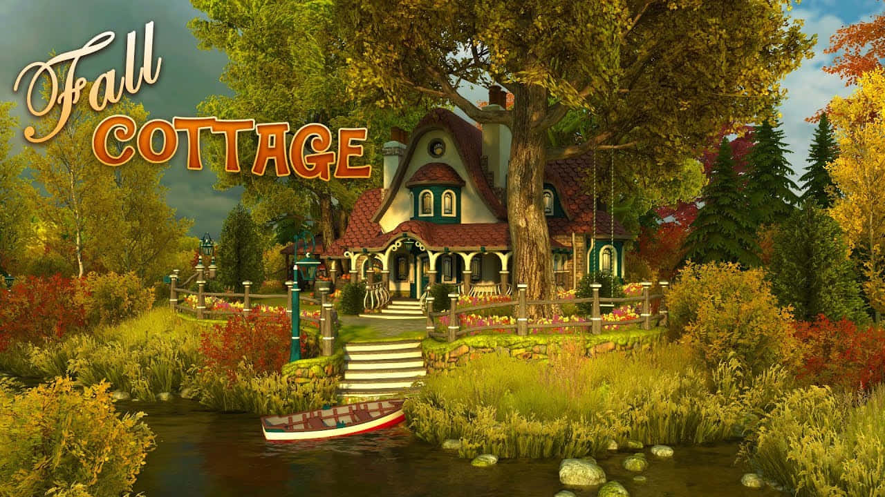 Fall Cabin, autumn cottage, giant tree, HD Desktop Wallpaper