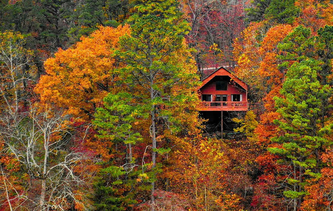 Fall Cabin, red cabin, autumn trees, SD Desktop Wallpaper