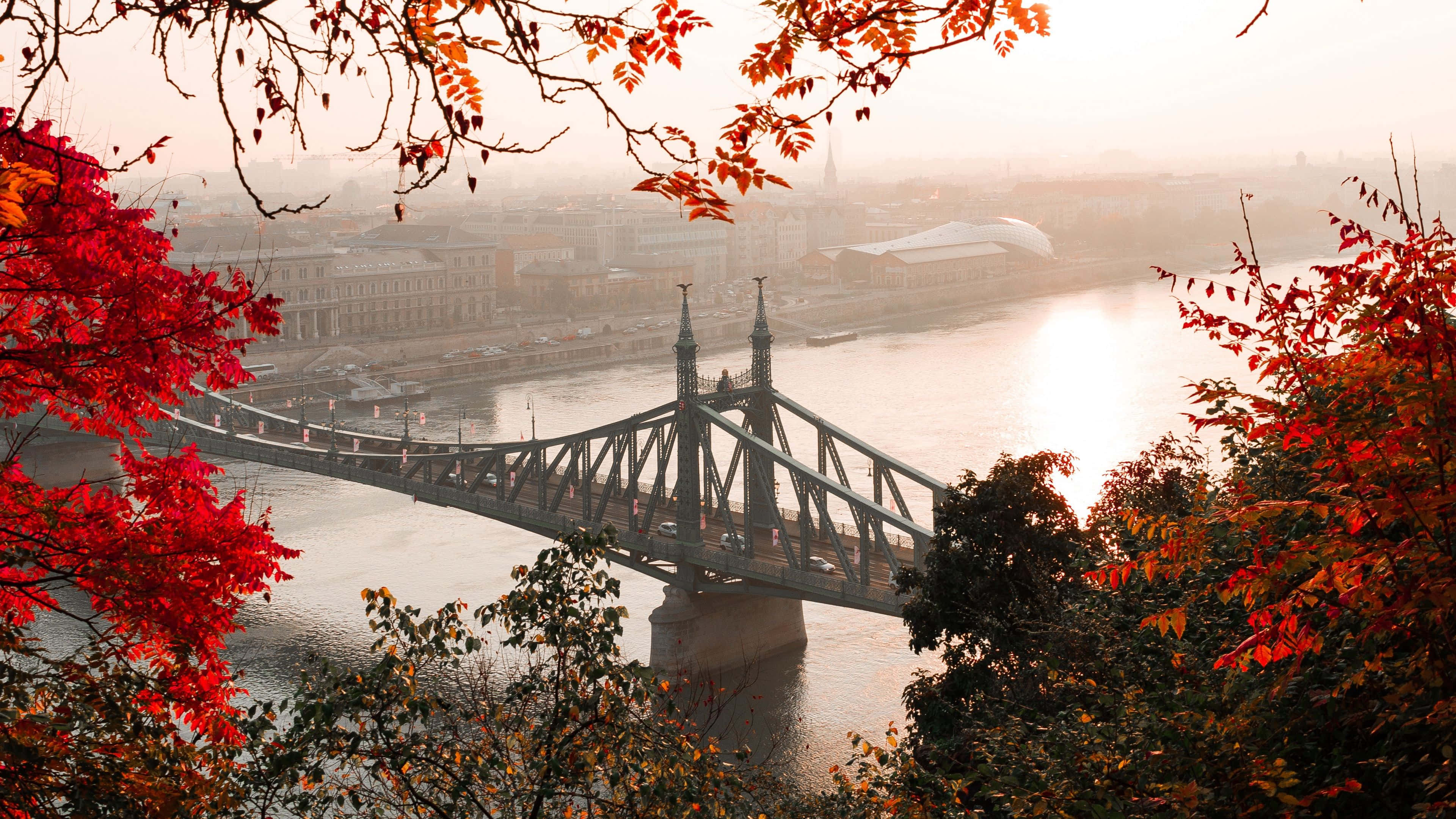 Fall City, steel bridge, misty river, 4K Desktop Wallpaper