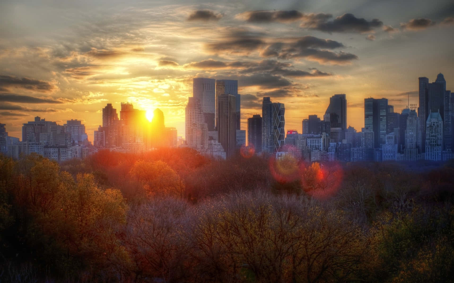 Fall City, Sunset, city skyline, Full HD Desktop Wallpaper
