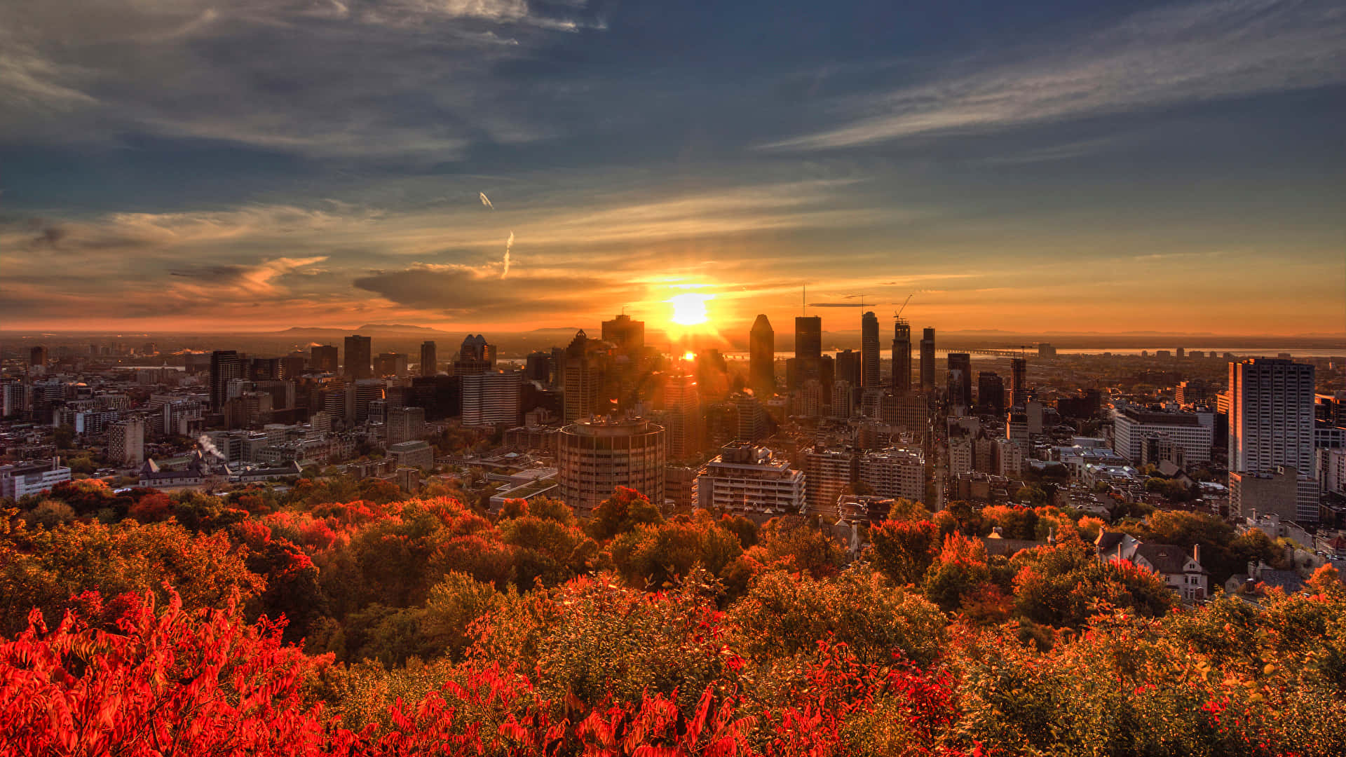 Fall City, sunset, city skyline, Full HD Desktop Wallpaper