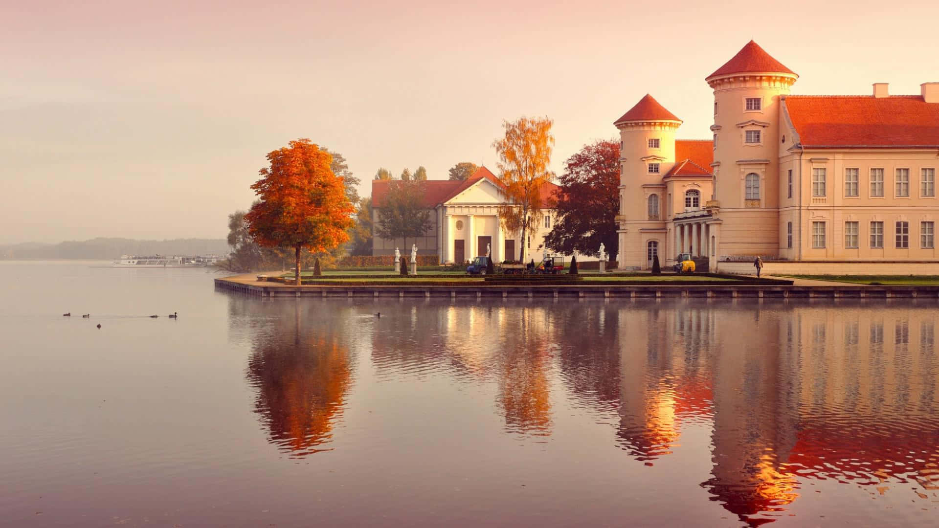 Fall City, red roofs, autumn trees, Full HD Desktop Wallpaper
