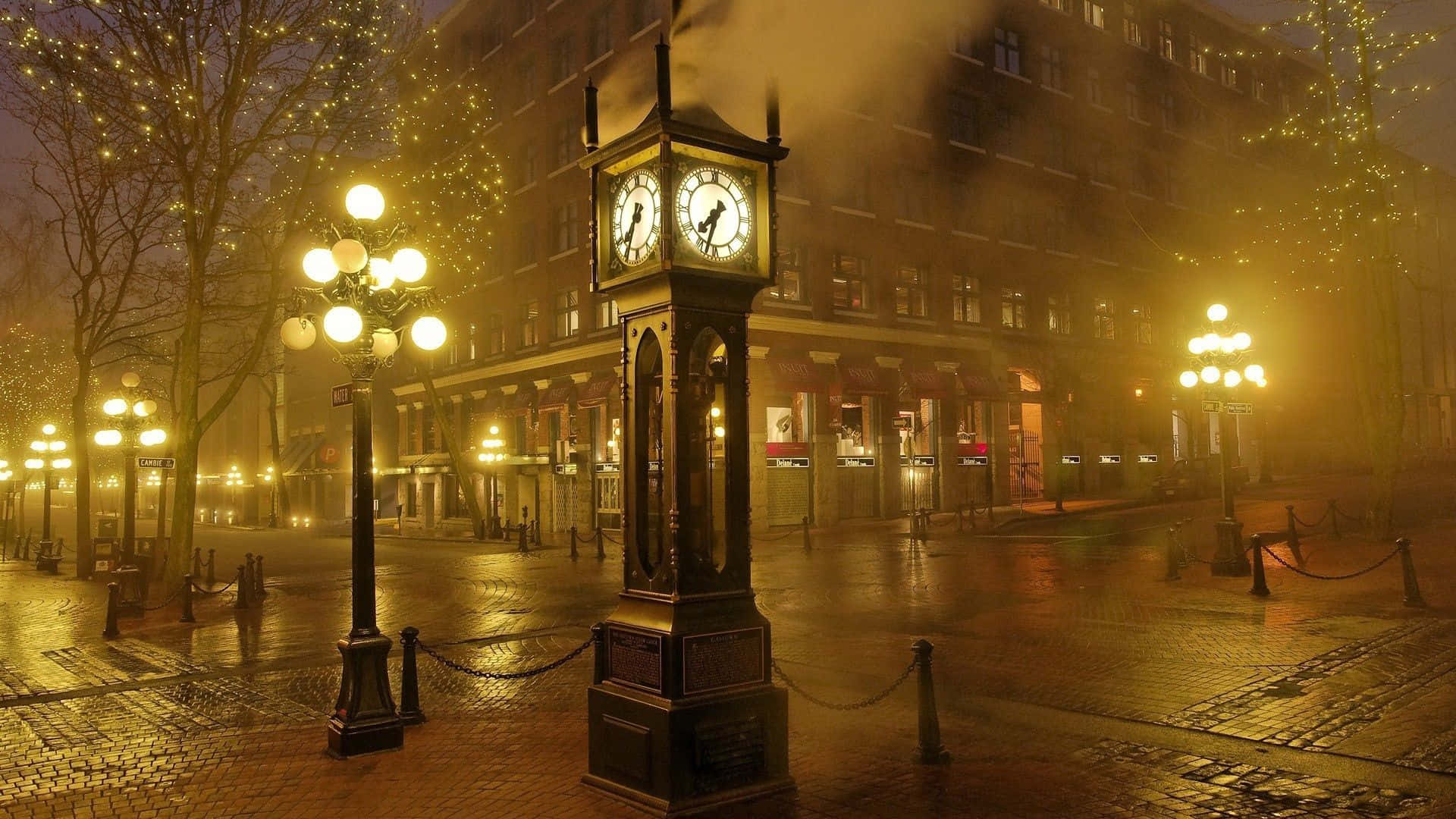 Fall City, vintage clock tower, misty urban square, Full HD Desktop Wallpaper