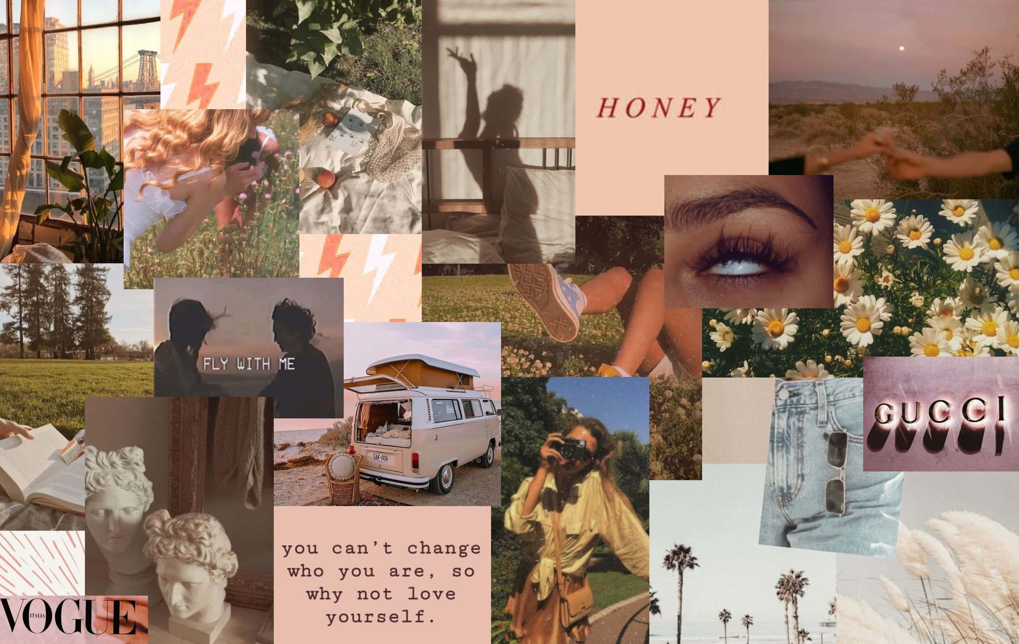 Fall Collage Desktop, camper van, palm trees, 2K Desktop Wallpaper