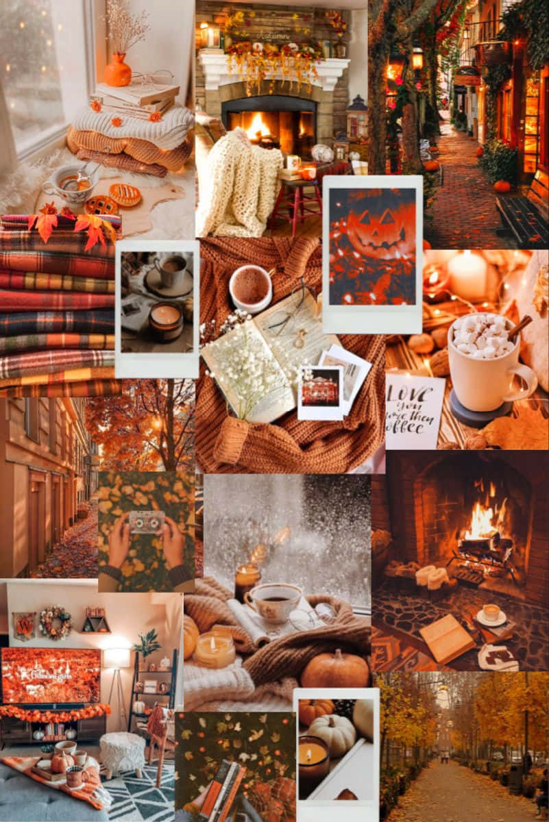 Fall Collage, fire place, golden orange hues, SD Phone Wallpaper