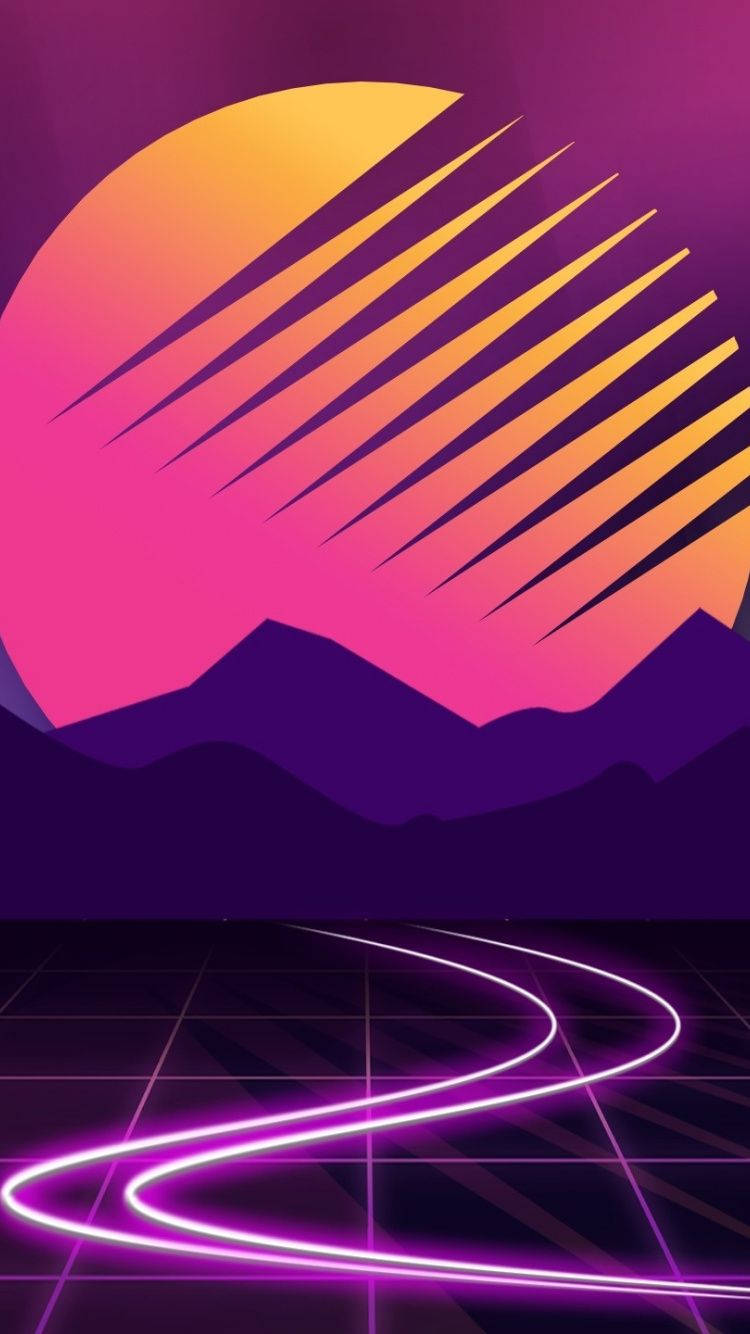 neon-lit grid road, stylized sunset, purple mountains, HD Phone Wallpaper