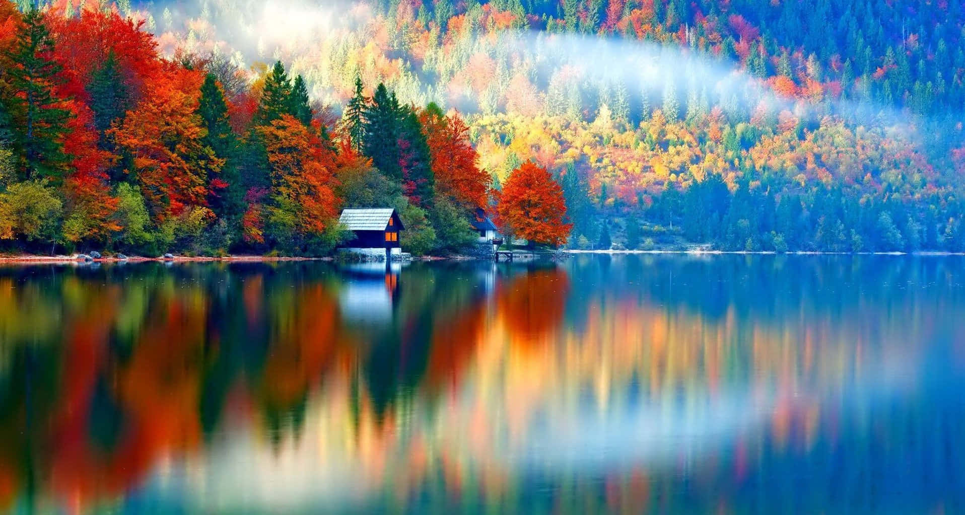 Fall Colors, autumn lake, fiery red orange and gold trees, HD Desktop Wallpaper