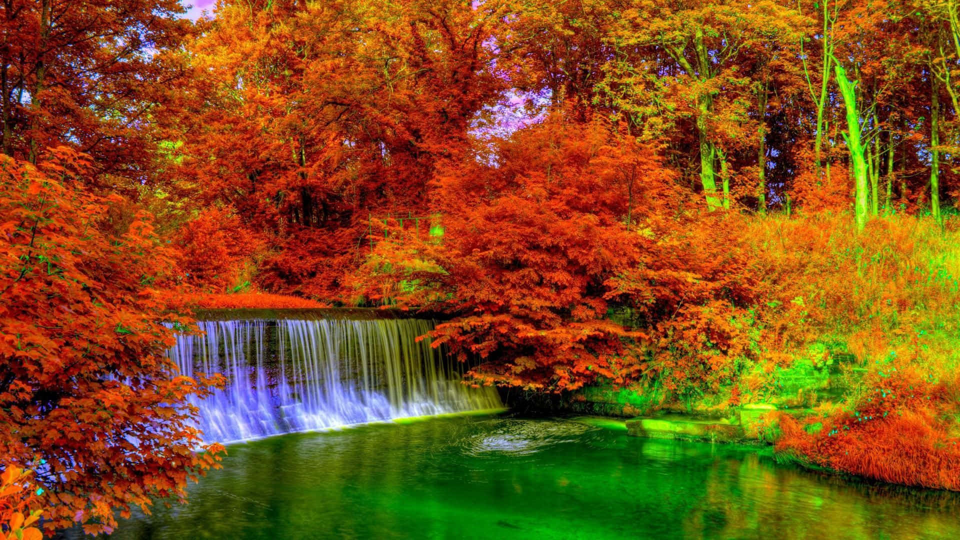 Fall Colors, fiery red trees, cascading waterfall, Full HD Desktop Wallpaper